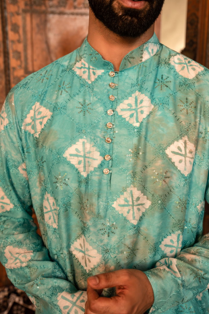 Serene Jade Blue Batik Kurta