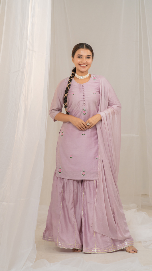 Chanderi Silk Kurta and Sharara Set with Elegant Embroidery and Chiffon Dupatta