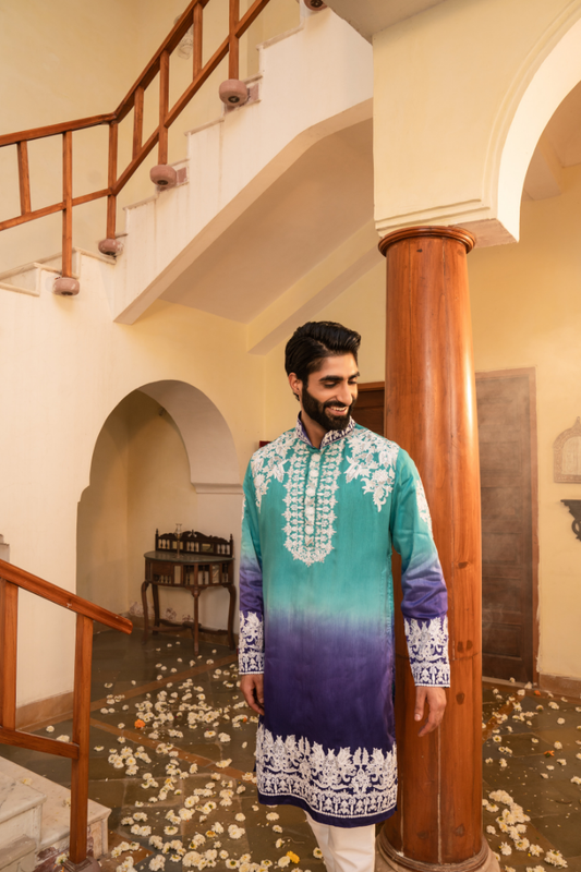 Striking Electric Blue Shaded White Embroidery Kurta