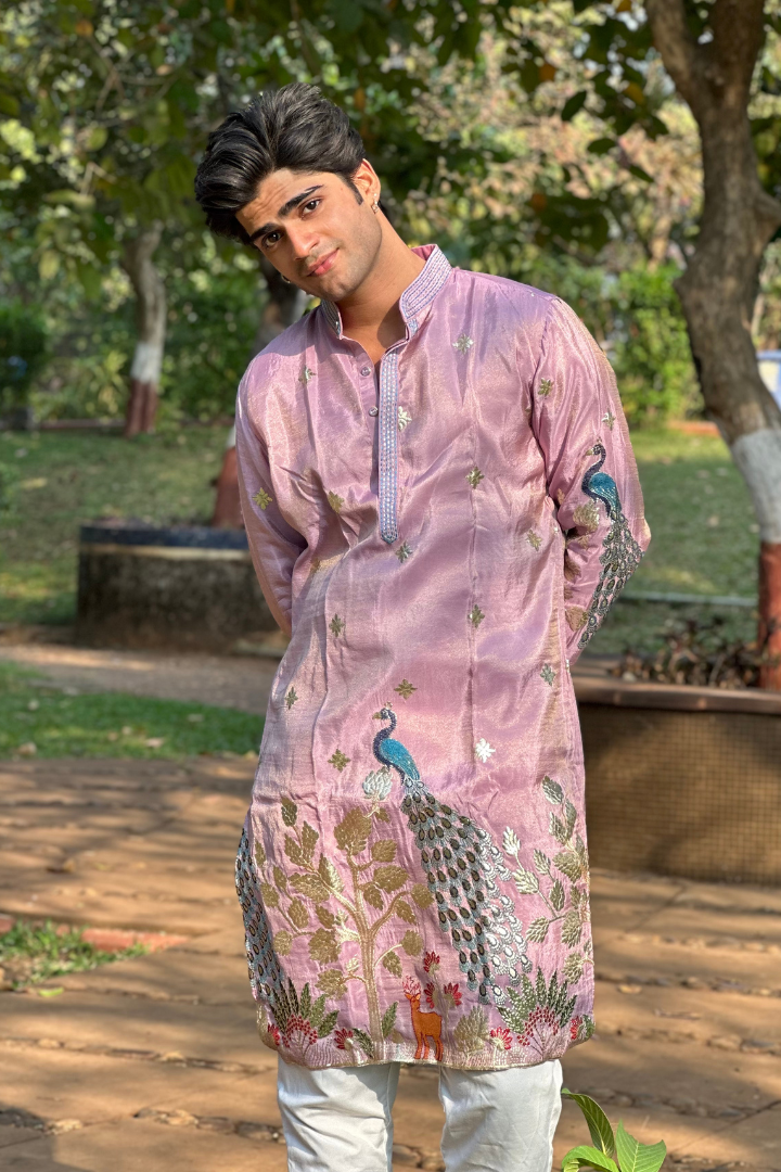 Rose Purple Kurta with Elegant Deer and Peacock Motifs