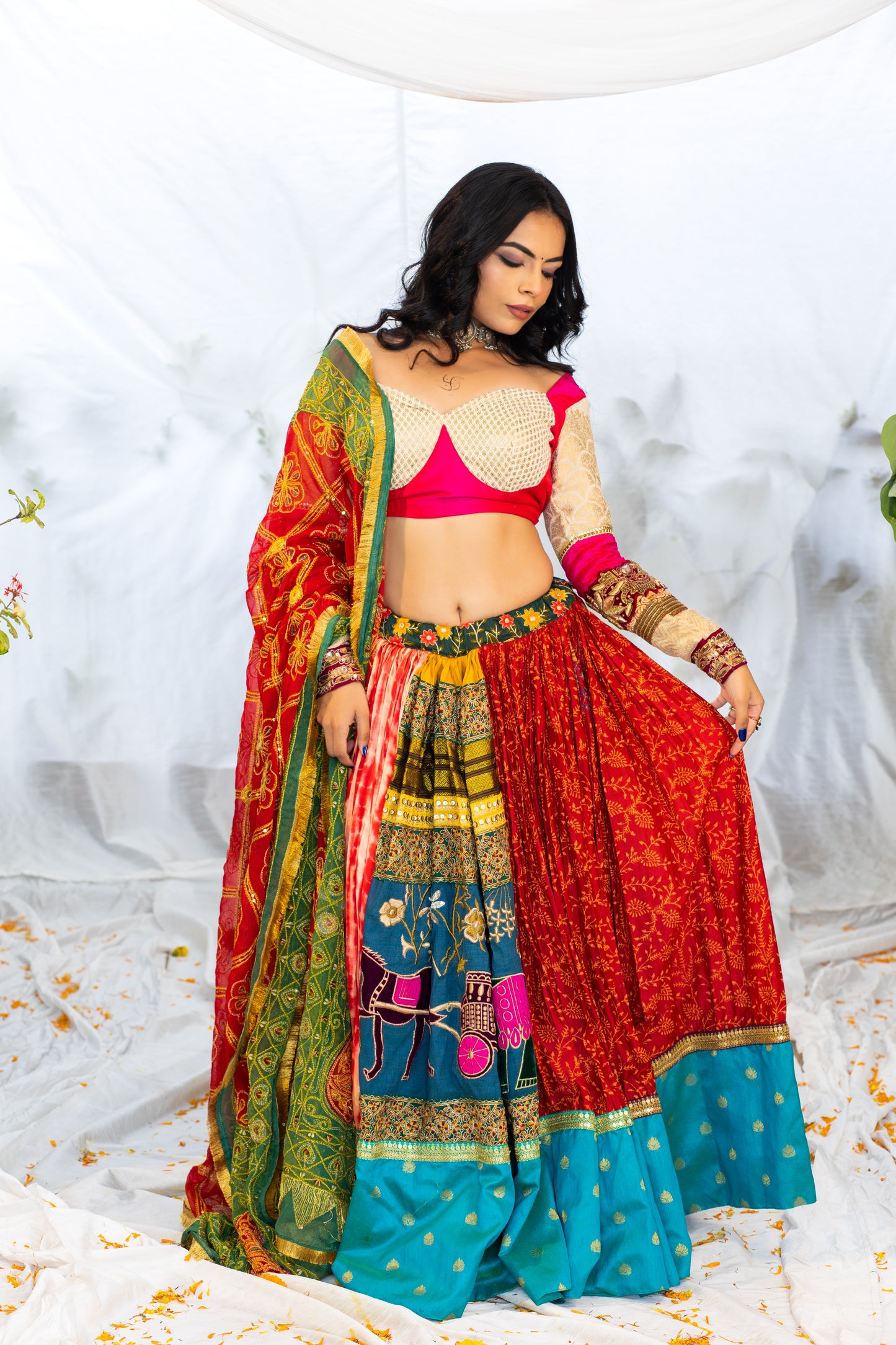 Multicolored Lehenga with Red & Green Sequin Embroidery & Raw Silk Blouse