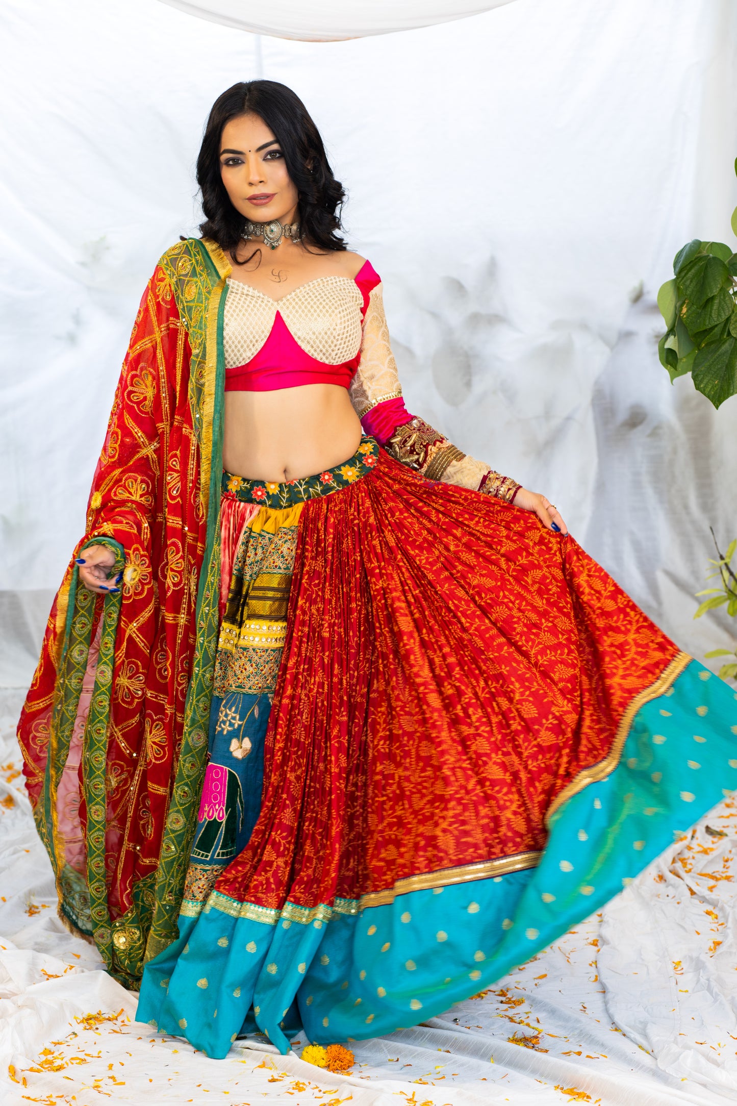 Multicolored Lehenga with Red & Green Sequin Embroidery & Raw Silk Blouse