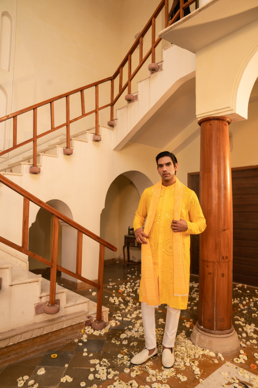 Vivacious Google Yellow Mirror Foil Kurta