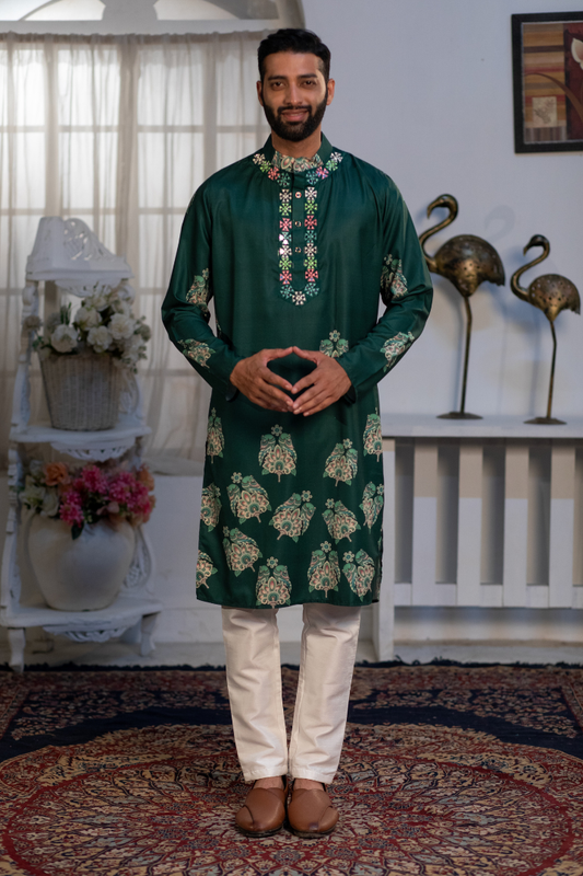 Forest Green Sparrow Digital Kurta