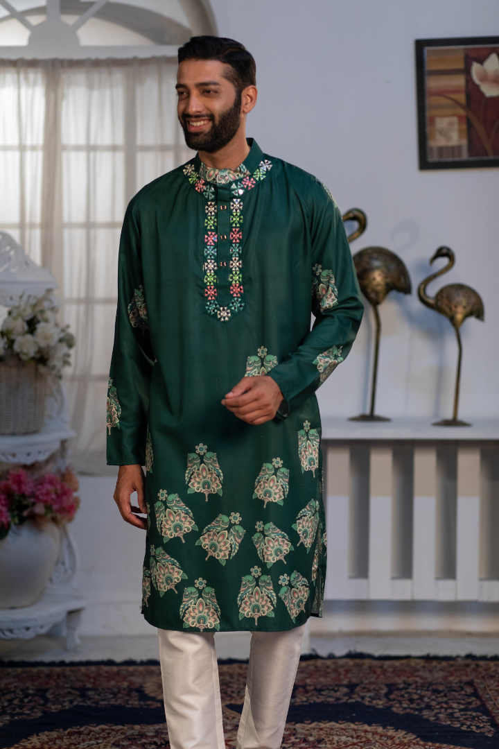 Forest Green Sparrow Digital Kurta