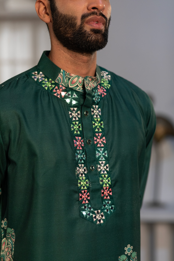 Forest Green Sparrow Digital Kurta