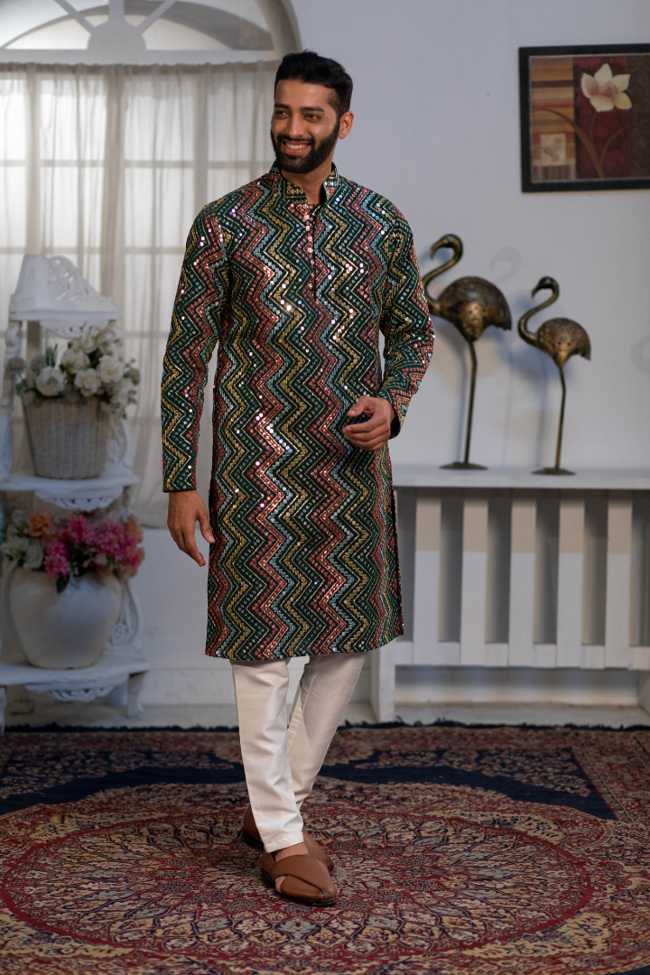 Persian Green Multi-Embroidered Kurta