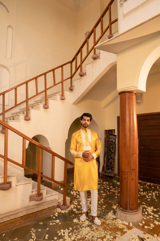 Radiant Jasmine Yellow Bandhani White Embroidery Kurta