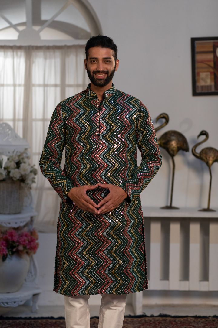 Persian Green Multi-Embroidered Kurta