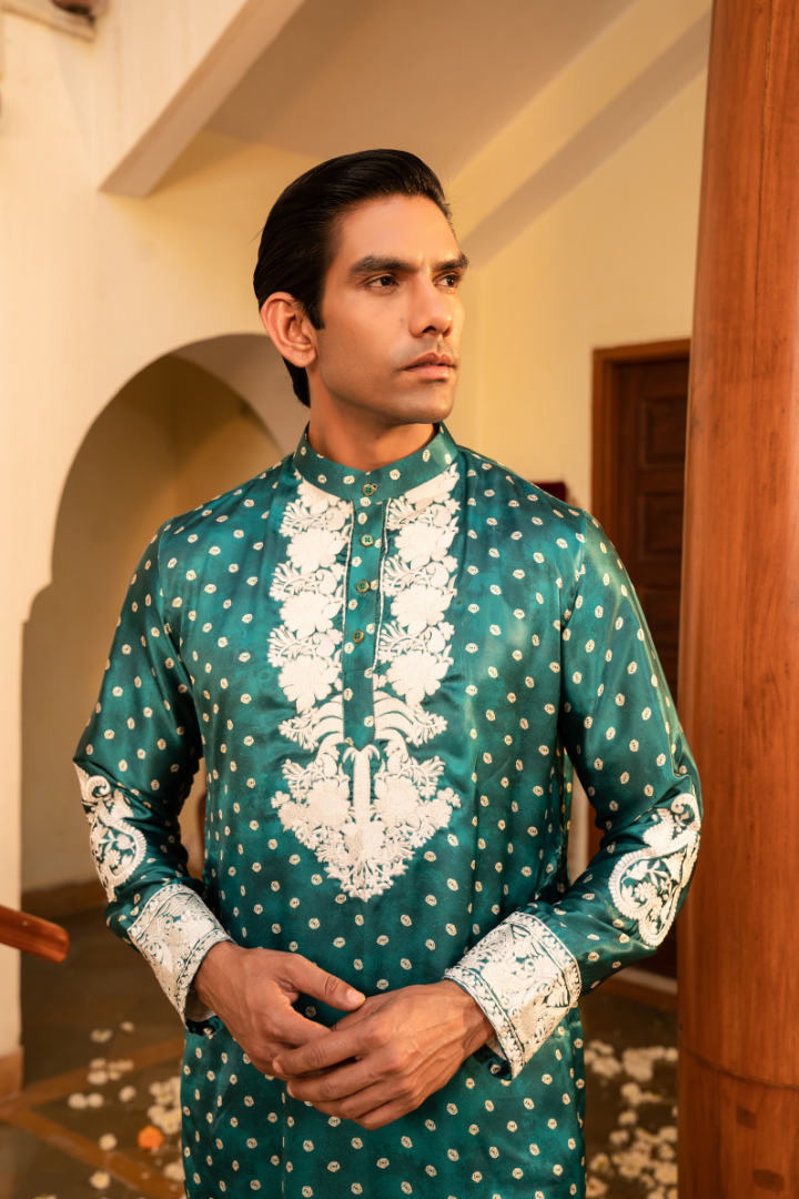 Fresh Spring Green Bandhani White Embroidery Kurta