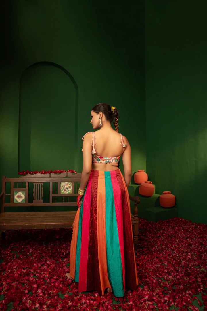 Prismatic Raw Silk & Georgette Crop Top Set with Silk Lehenga