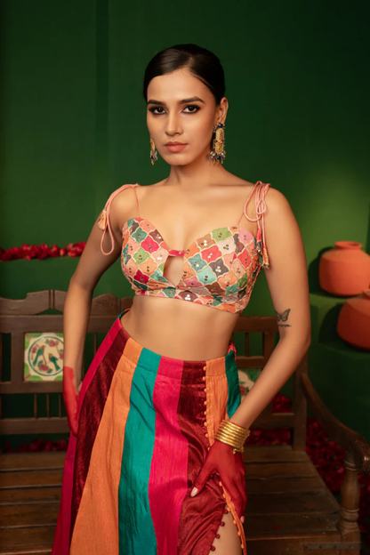 Prismatic Raw Silk & Georgette Crop Top Set with Silk Lehenga