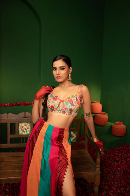 Prismatic Raw Silk & Georgette Crop Top Set with Silk Lehenga