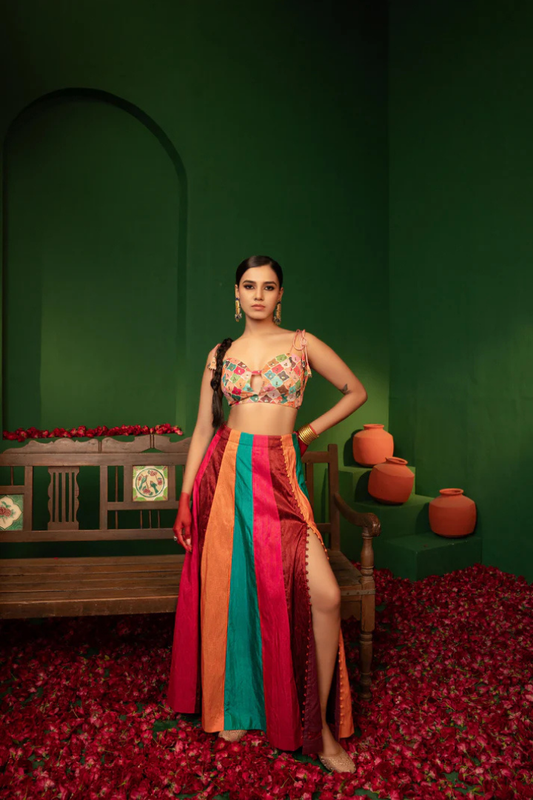 Prismatic Raw Silk & Georgette Crop Top Set with Silk Lehenga