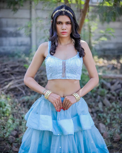 Light Blue Organza Layered Crop Top and Skirt Set