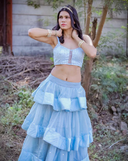 Light Blue Organza Layered Crop Top and Skirt Set