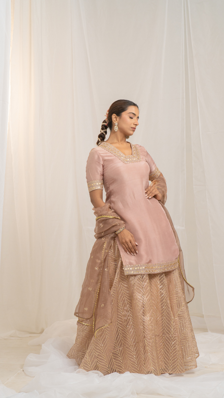 Kaleji Gold Silk Kurta Set with Organza Lehenga and Dupatta