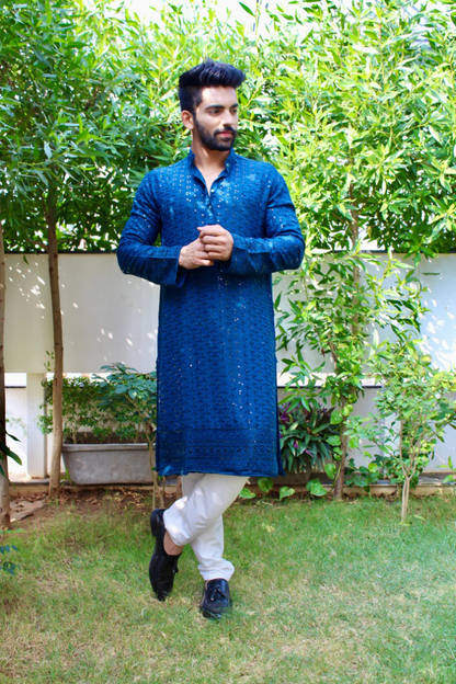 Blue Self-Embroidered Kurta