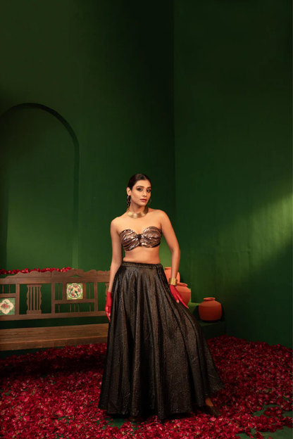 Devi Metal Gold Lehenga in Gajji Silk & Organza