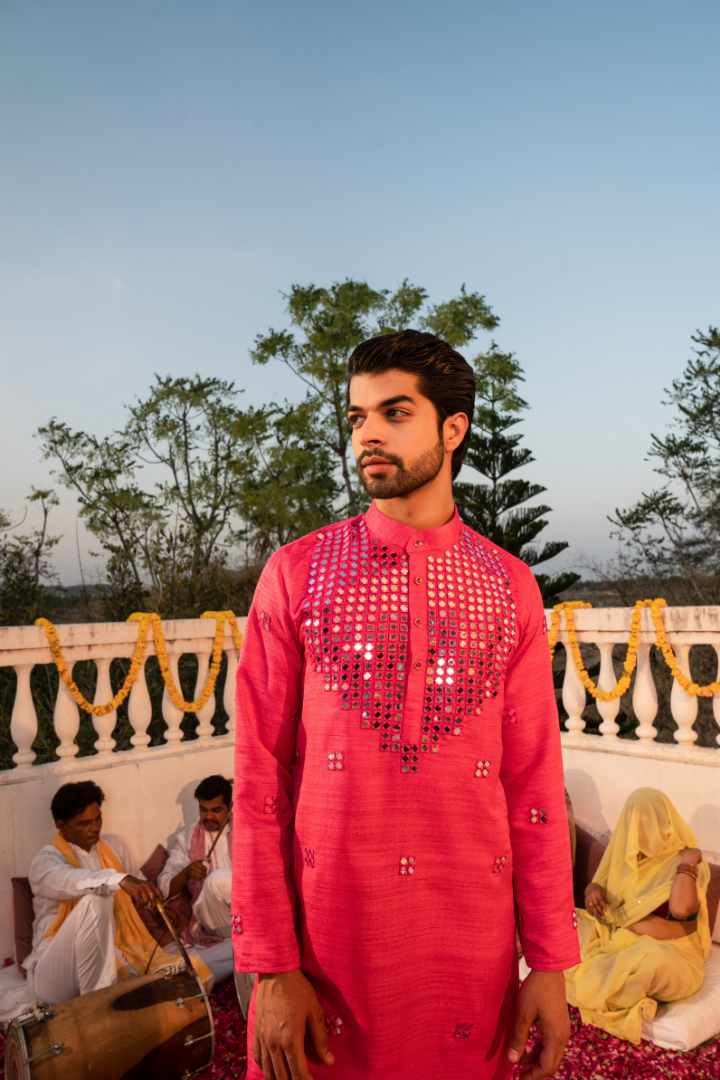 Majestic Hawa Mahal Red Mirror Kurta