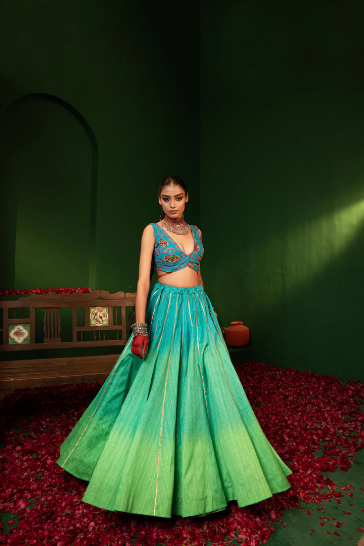 Devi Arctic Blue Lehenga in Raw Silk, Georgette & Crepe