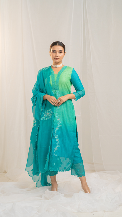 Shaded Hara Hara Kurta Set with Silk Pants and Organza Embroidery