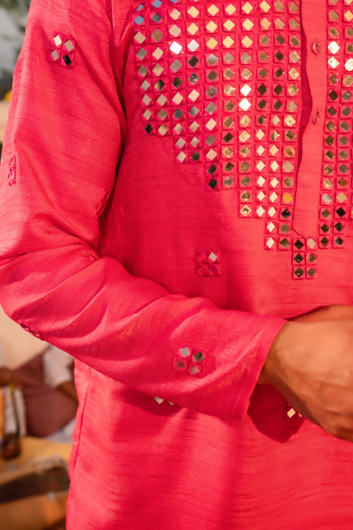 Majestic Hawa Mahal Red Mirror Kurta