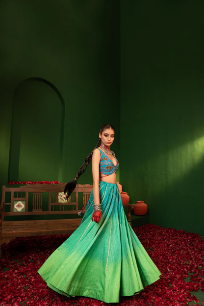 Devi Arctic Blue Lehenga in Raw Silk, Georgette & Crepe