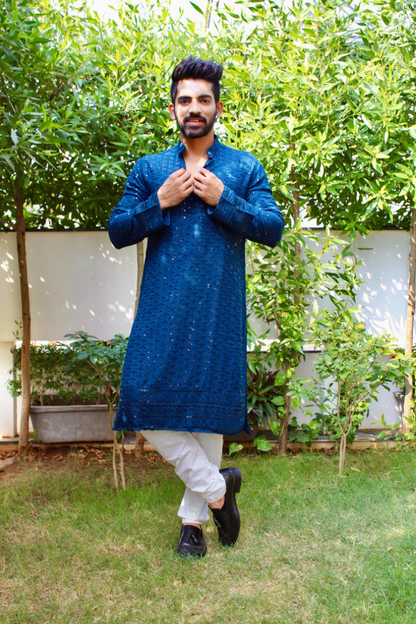 Blue Self-Embroidered Kurta