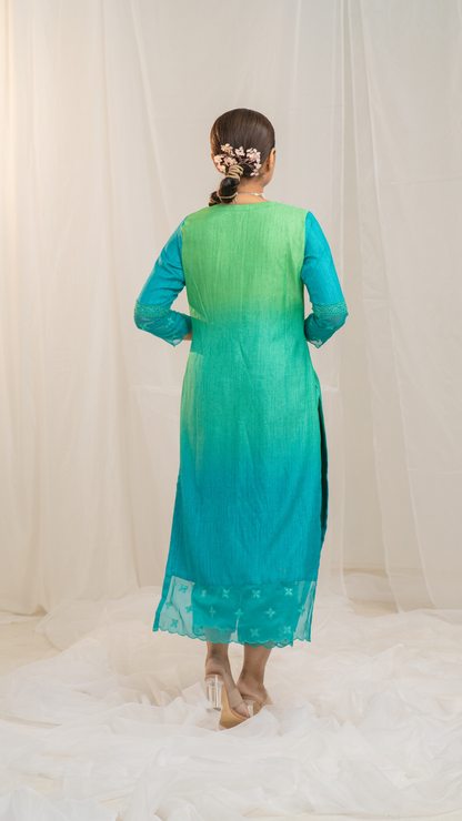 Shaded Hara Hara Kurta Set with Silk Pants and Organza Embroidery