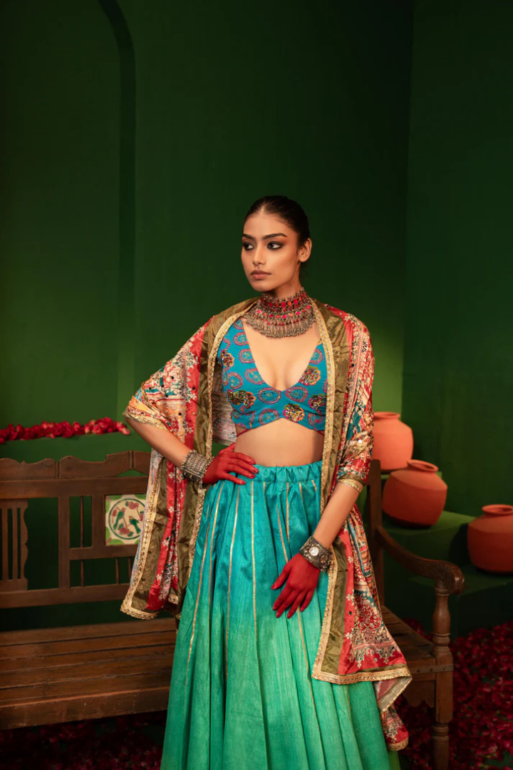 Devi Arctic Blue Lehenga in Raw Silk, Georgette & Crepe