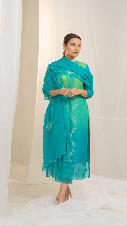 Shaded Hara Hara Kurta Set with Silk Pants and Organza Embroidery