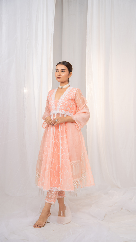 Ethereal Kesari Organza Anarkali with Safed Embroidery, Pants, and Dupatta