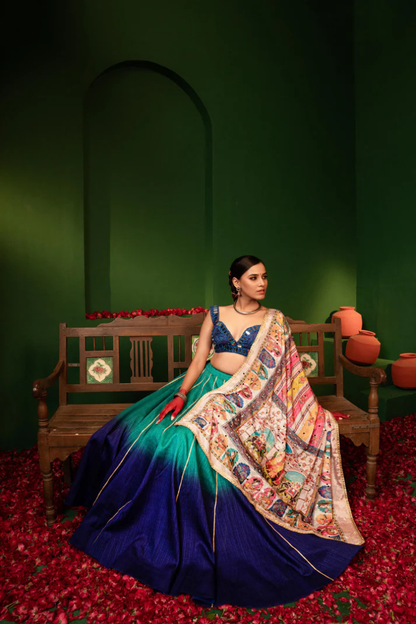 Devi Azure Silk Lehenga in Raw Silk & Crepe