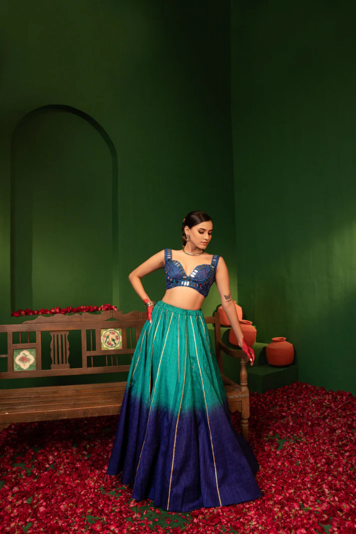 Devi Azure Silk Lehenga in Raw Silk & Crepe