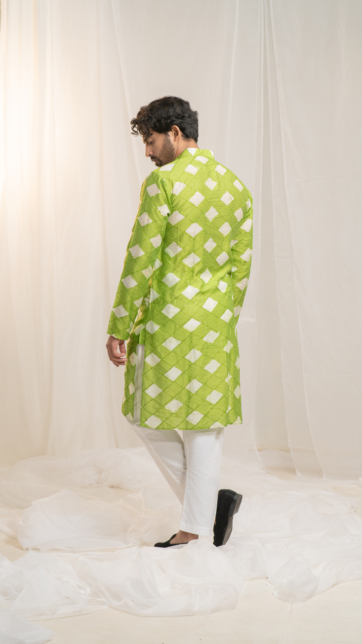 Classic Safed Hara Checks Chanderi Silk Kurta