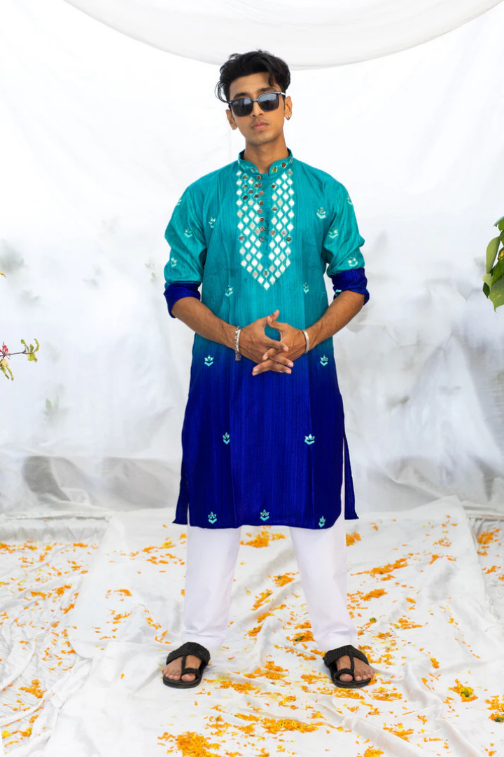 Blue Shaded Kurta with Mirror Neck Detail