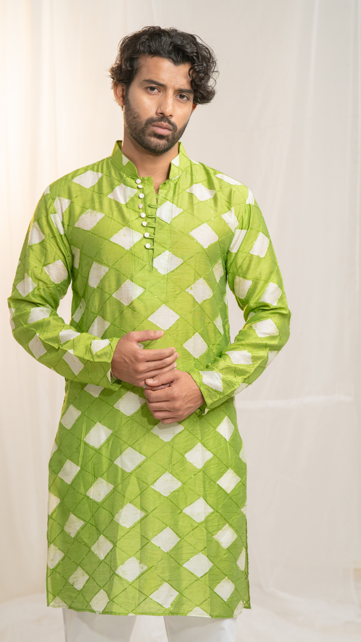 Classic Safed Hara Checks Chanderi Silk Kurta