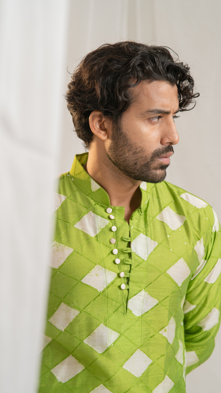 Classic Safed Hara Checks Chanderi Silk Kurta