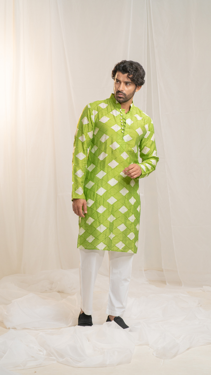 Classic Safed Hara Checks Chanderi Silk Kurta