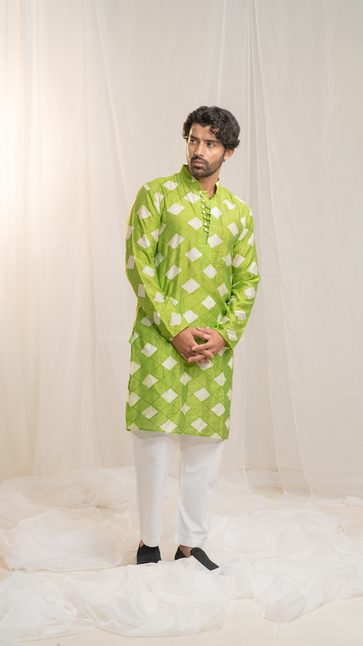 Classic Safed Hara Checks Chanderi Silk Kurta