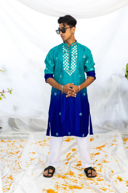 Blue Shaded Kurta with Mirror Neck Detail