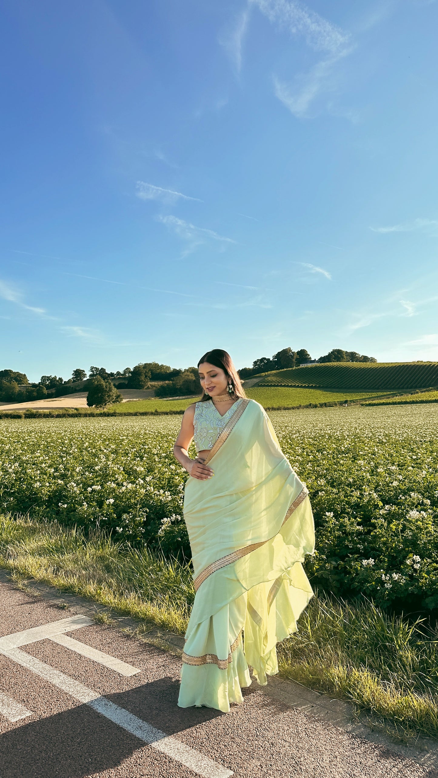 Ruffled Chiffon Saree and Exquisite Silk Blouse with Collar Embellishments