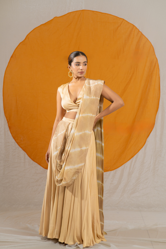 Beige Draping Palazzo Set with Organza Jacket and Dupatta