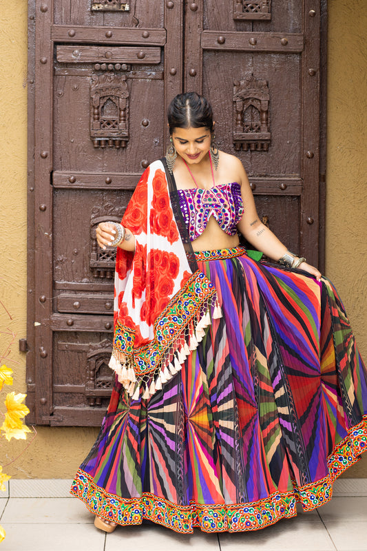Multicolored Gamthi Lehenga with Mirror Work Blouse and Floral Chiffon Dupatta