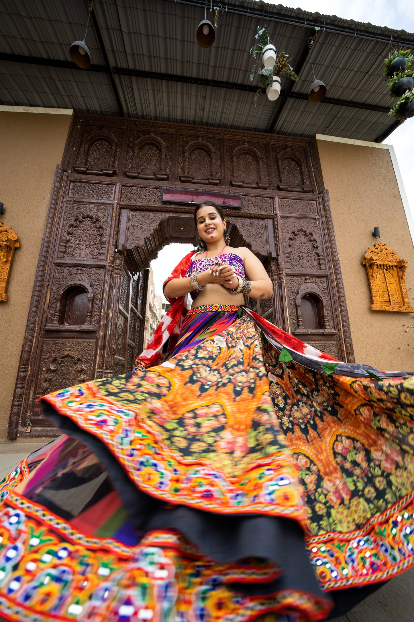 Multicolored Gamthi Lehenga with Mirror Work Blouse and Floral Chiffon Dupatta