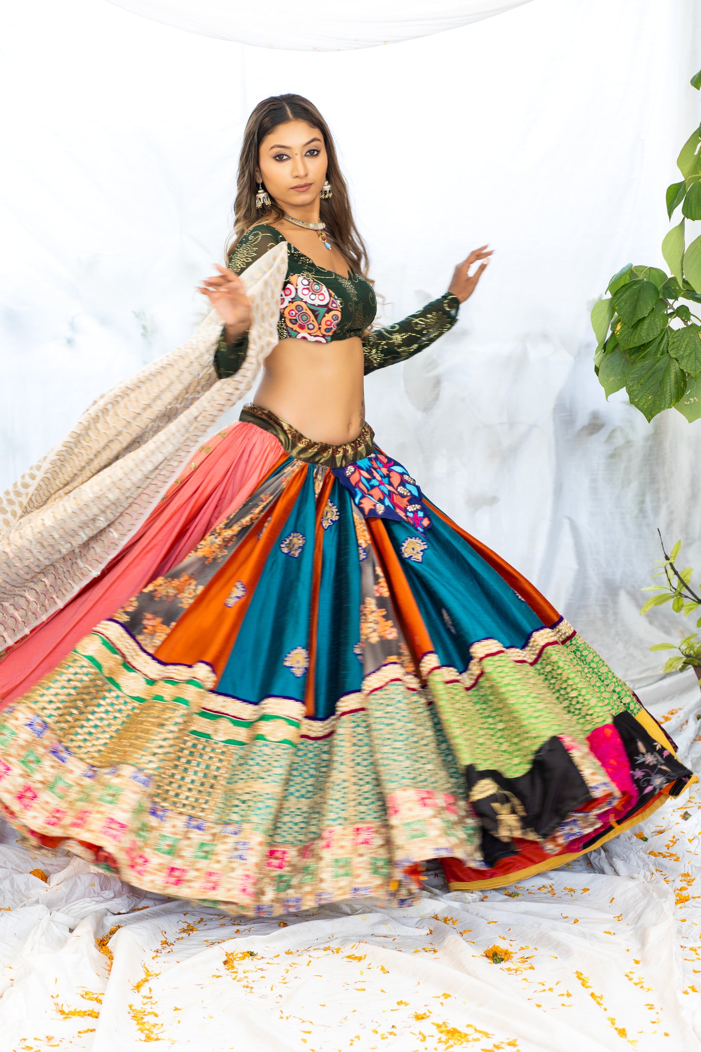 Vibrant Handcrafted Lehenga with Kutchi Embroidery, Blouse, and Border Dupatta Set