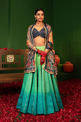 Devi Pacific Green Lehenga in Raw Silk, Chiffon & Crepe