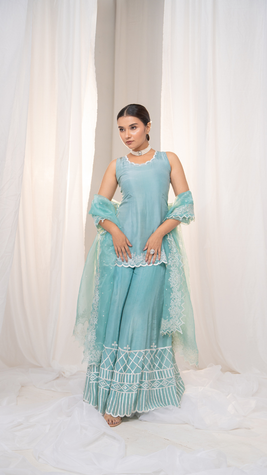 Bubbly Blue Sharara Set with Elegant White Embroidery Detail