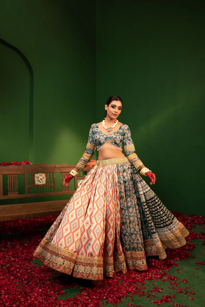 Devi Aaina Printed Lehenga Choli Set in Organza Satin